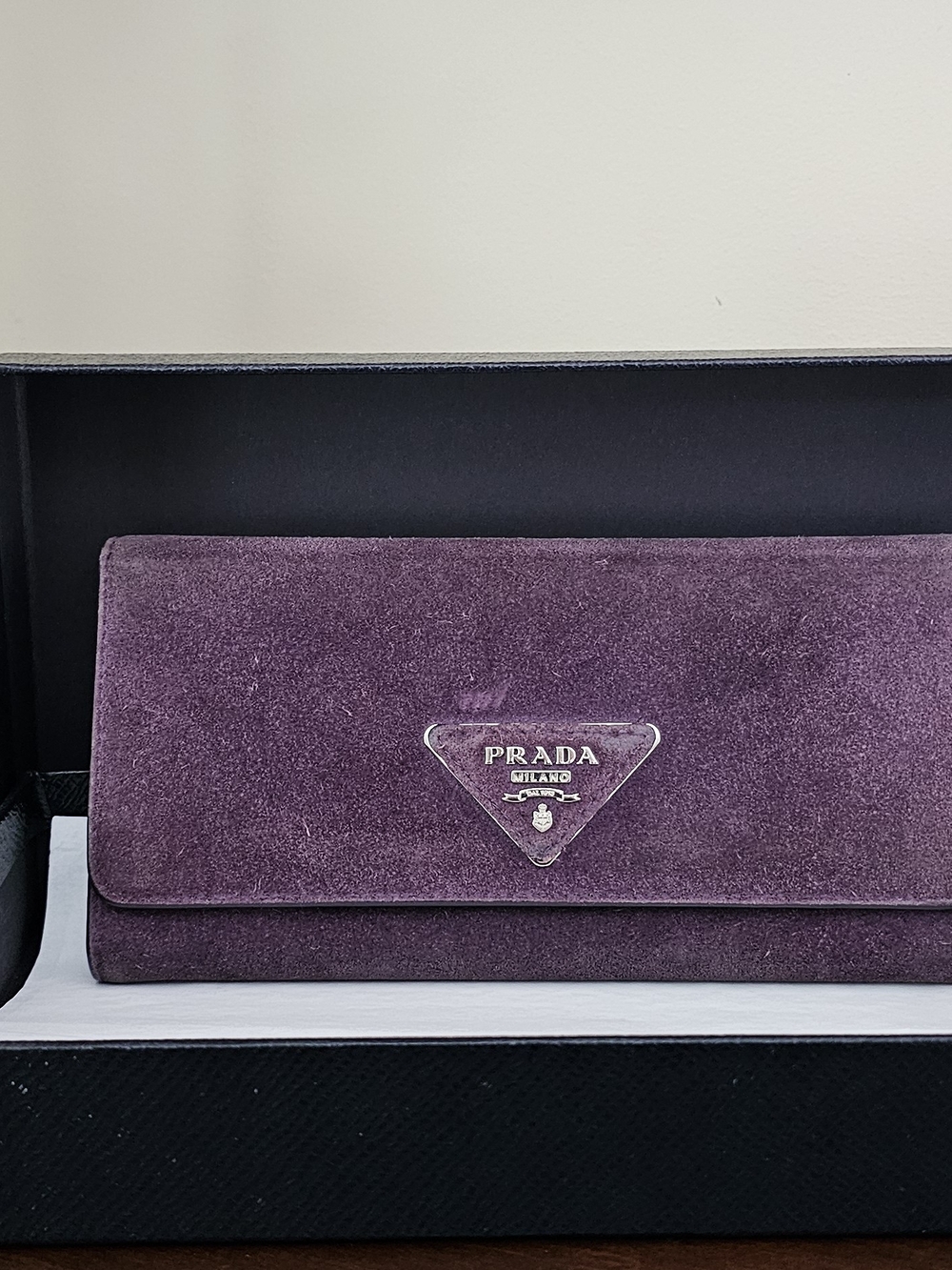 Prada Suede Continental Wallet in Plum